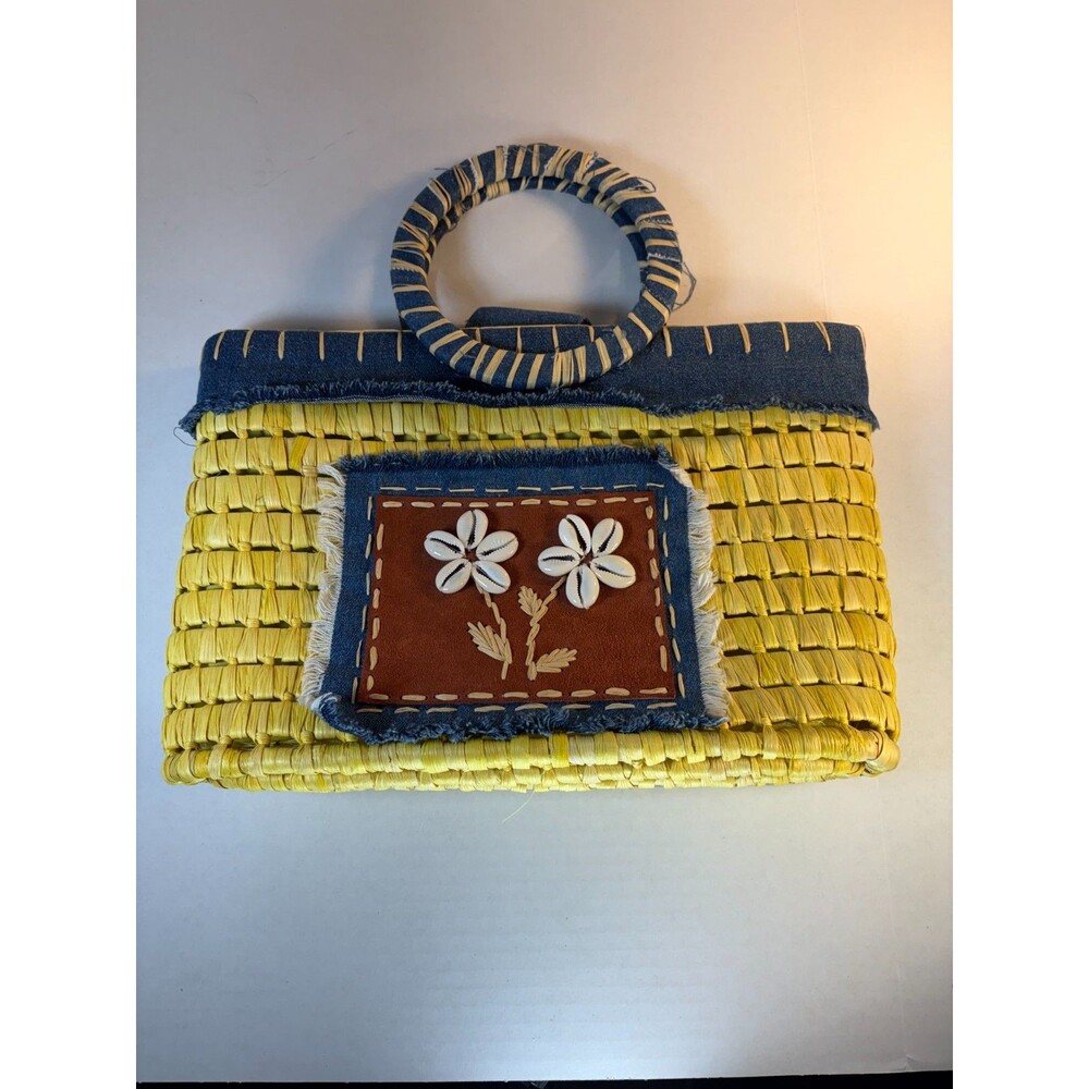 Preston & York Straw Handbag Yellow Blue Seashells